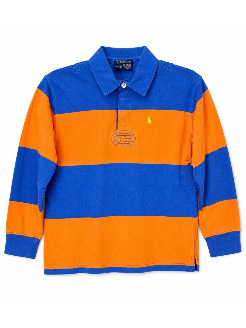 Polo Ralph Lauren Boys Small 8 10 Rugby Shirt Blue Orange Striped Long Sleeve